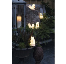 Scène décorative avec figurines d''écureuils lumineux, lanterne et jardinière sur un banc