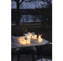 Figurines décoratives de lapins avec éclairage sur une table de jardin