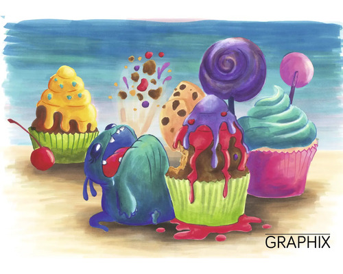 Illustration von Cupcakes, Lollis und einer Cartoonfigur