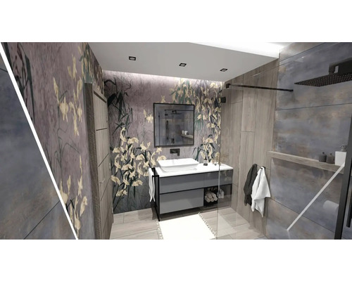 Salle de bain moderne avec meuble sous-vasque, miroir et douche