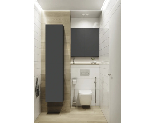 Salle de bains moderne avec toilettes, lavabo et meubles de salle de bains gris