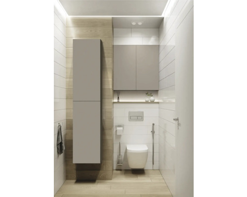 Modernes Badezimmer mit Toilette, Hängeschrank und Waschbeckenunterschrank