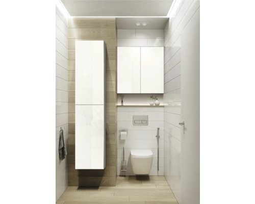 Salle de bains moderne avec toilettes, lavabo, meubles de salle de bains et serviette