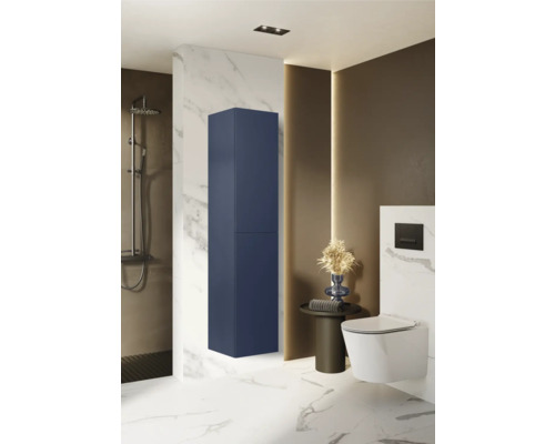 Modernes Badezimmer mit blauem Hochschrank, Toilette und Dusche