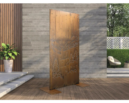 Paravent décoratif en métal avec motif de montagne sur une terrasse