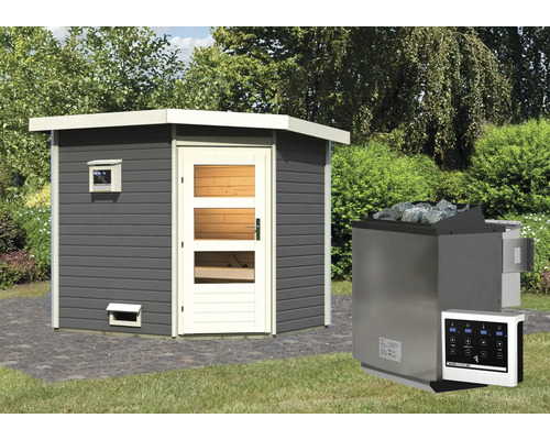 Chalet sauna Karibu Rubin 2 avec poêle bio 9 kW et commande externe, avec porte en bois avec verre transparent gris terre cuite/blanc