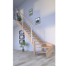 Vue d''une pièce avec un escalier en bois et une rampe en acier inoxydable