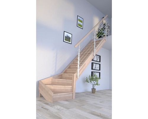 Escalier en bois avec rampe en acier inoxydable dans une pièce lumineuse avec des photos au mur