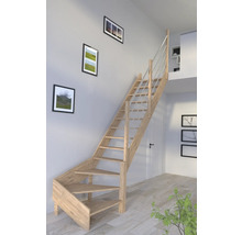 Escalier en bois avec rampe en acier inoxydable dans une pièce lumineuse.