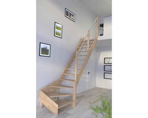 Escalier en bois avec rampe en acier inoxydable dans une pièce lumineuse.