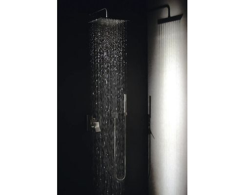 Douche à effet pluie avec douchette à main et eau courante dans la salle de bain