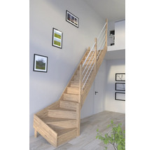 Escalier en bois avec rampe blanche dans une pièce à vivre