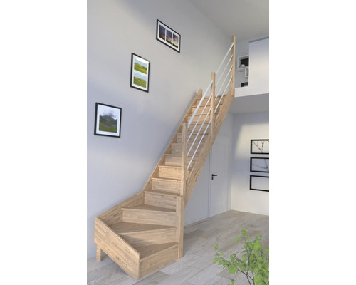 Escalier en bois avec rampe blanche dans une pièce à vivre