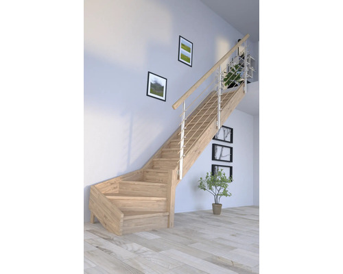 Escalier en bois avec rampe en acier inoxydable dans une pièce lumineuse