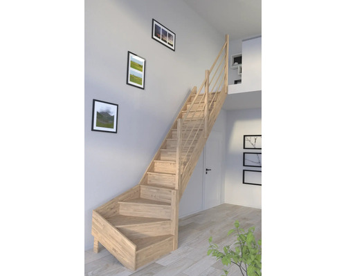 Escalier en bois dans un espace de vie lumineux avec des tableaux au mur