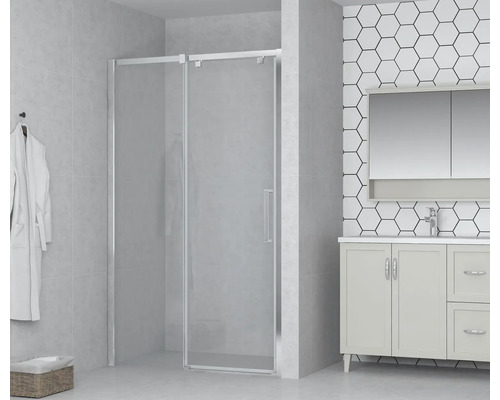 Salle de bain avec cabine de douche, meuble-lavabo et miroir