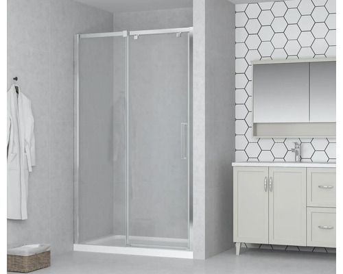 Porte de douche dans niche avec porte coulissante form&style MODENA 100 cm couleur du profilé chrome décor de vitre verre transparent avec verre antitache butée de porte à gauche