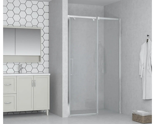 Salle de bain moderne avec meuble sous-lavabo, armoire de toilette et cabine de douche