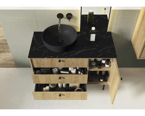 Meuble de salle de bains avec lavabo à poser noir, tiroirs et porte de placard