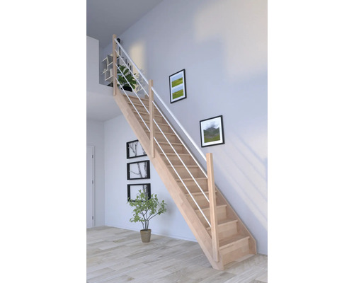 Escalier en bois avec rampe en métal dans une pièce lumineuse