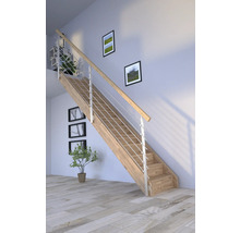 Escalier en bois avec rampe en acier inoxydable dans une pièce lumineuse