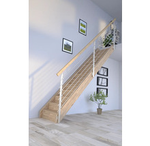 Escalier en bois avec rampe en acier inoxydable dans une pièce lumineuse