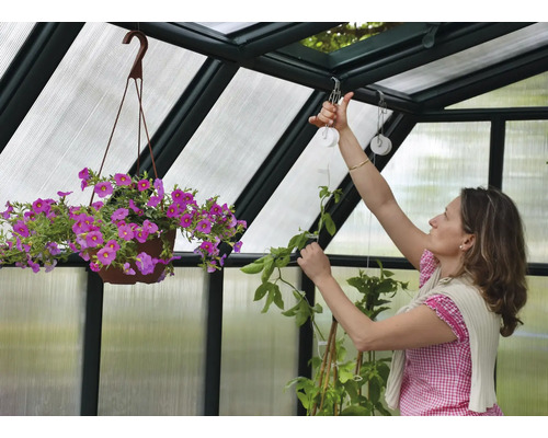 Une femme fixe une plante dans une serre. Un pot de fleurs est suspendu à l''arrière-plan.