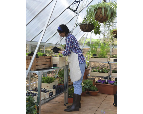 Eine Frau arbeitet in einem Gewächshaus mit Anzuchttisch und Pflanzen in Kisten und Töpfen.