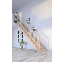 Escalier en bois avec rampe dans une pièce lumineuse.