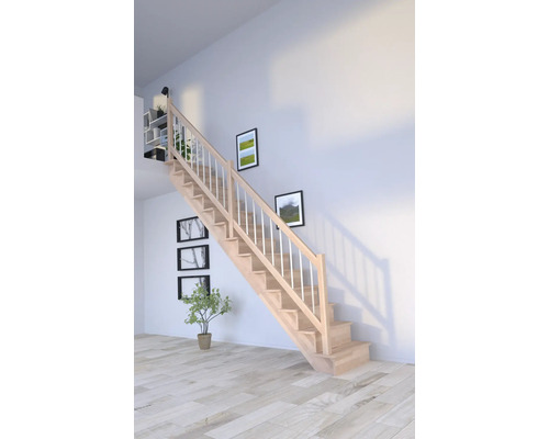 Escalier en bois avec rampe blanche dans une pièce lumineuse