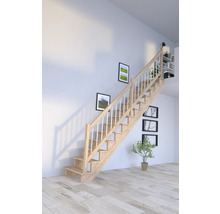 Escalier en bois avec rampe blanche dans une pièce lumineuse avec des tableaux et des étagères