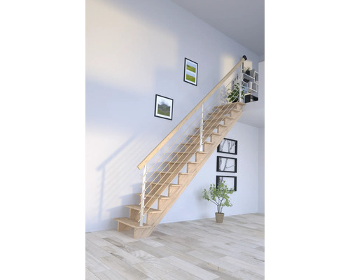 Escalier en bois avec rampe en acier inoxydable dans un espace de vie moderne