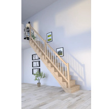 Escalier en bois avec rampe blanche dans une pièce lumineuse