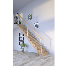 Escalier en bois avec rampe en métal dans un espace de vie lumineux
