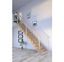 Escalier en bois avec rampe dans une pièce lumineuse.