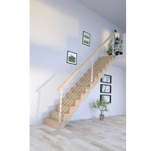 Escalier en bois avec rampe en acier inoxydable dans une pièce lumineuse
