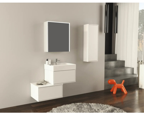 Salle de bains avec meuble-lavabo, armoire de toilette et armoire haute dans un design clair