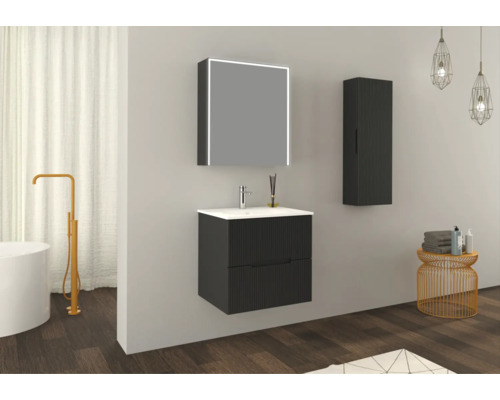 Salle de bains moderne avec meuble sous-lavabo, armoire de toilette et armoire haute