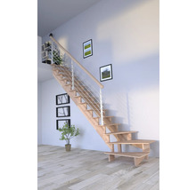 Escalier en bois avec rampe en acier inoxydable dans une pièce lumineuse