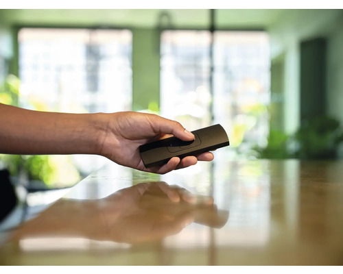 Une main tient une télécommande noire.