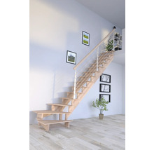 Escalier en bois avec rampe métallique dans une pièce lumineuse