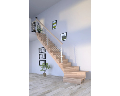 Escalier en bois avec garde-corps en métal dans un espace de vie moderne.