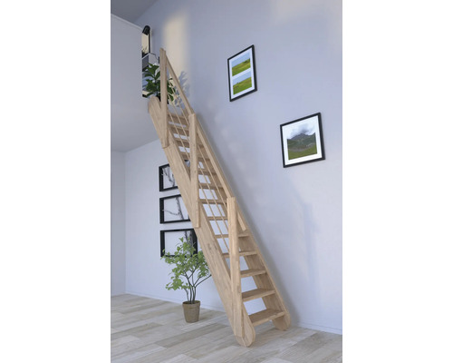 Escalier en bois dans une pièce avec des tableaux au mur et des plantes