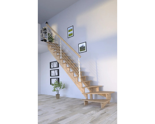 Escalier en bois avec rampe en acier inoxydable dans une pièce lumineuse