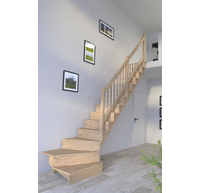Escalier à limons Pertura Atanas chêne avec des contremarches non traité 1/4 tournant en bas à droite 13 Pièce(s) marches/14 pas de marche garde-corps à barres verticales