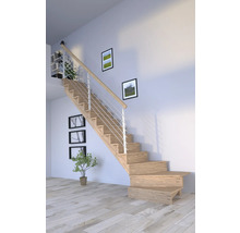 Vue d''une pièce avec un escalier en bois, une rampe en acier inoxydable et une décoration murale