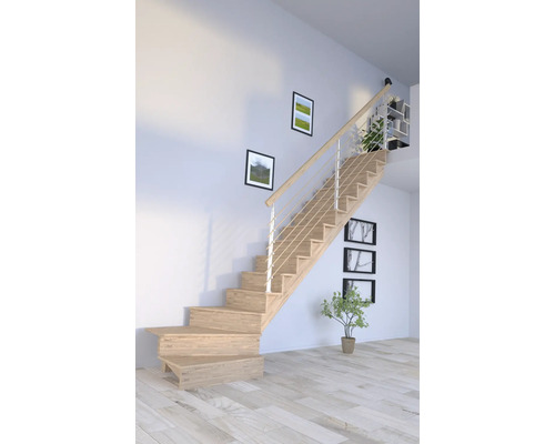 Escalier en bois clair avec rampe en acier inoxydable dans une pièce lumineuse avec décoration