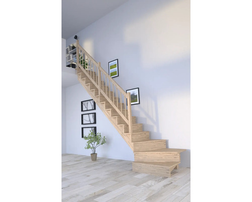 Escalier en bois clair dans une pièce lumineuse avec des décorations murales.