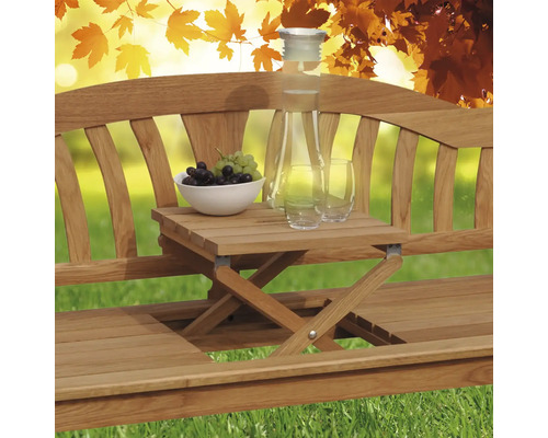 Gartenbank aus Holz mit integriertem Tisch und Getränken