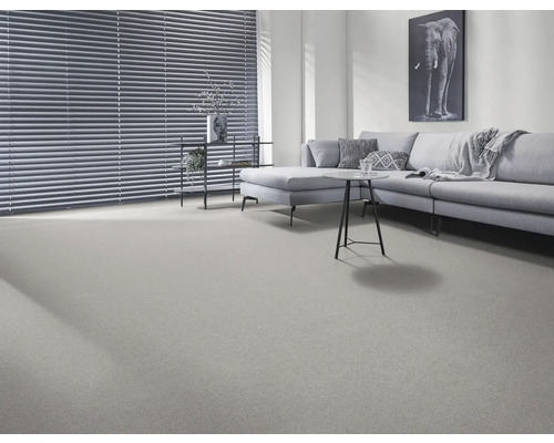 Heller Wohnraum mit Teppichboden, Sofa, Jalousien und Dekoration